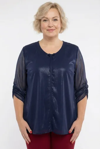 Blusa lucida in chiffon blu navy con dettaglio cravatta