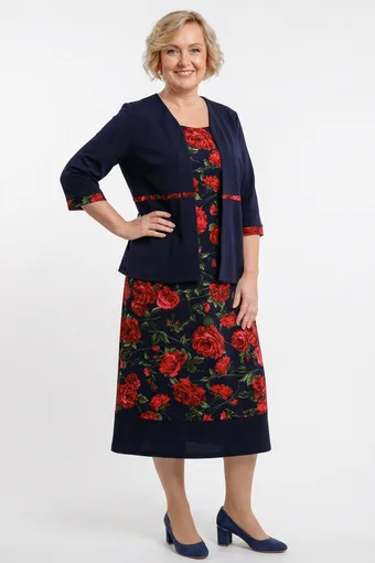Abito blu navy con fiori rossi e giacca