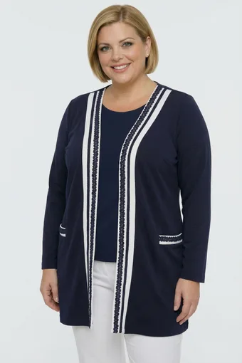 cardigan blu navy con inserti ricamati bianchi