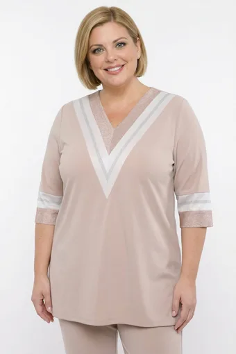 Tunica beige con scollo bianco e oro