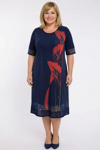 Abito in rete blu navy con fiori rossi