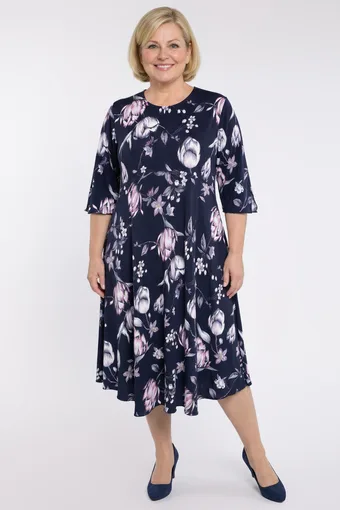 Abito blu navy con tulipani rosa e bianchi