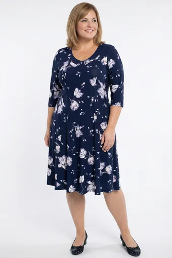 Abito blu navy con fiori viola