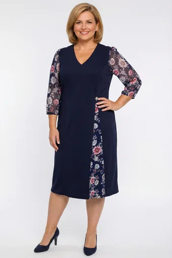 Abito blu navy con maniche in chiffon floreale