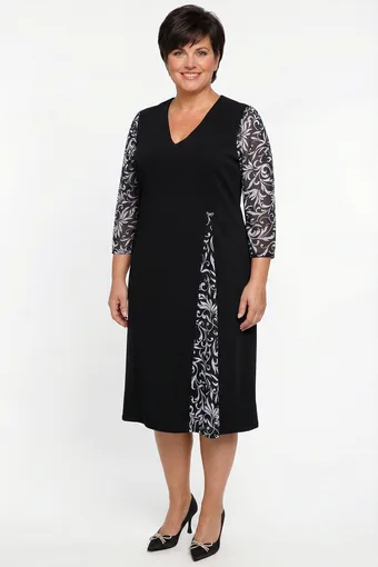 Abito nero con maniche in chiffon e motivi bianchi