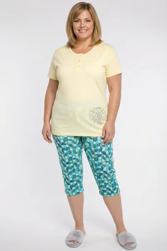 Pantaloni pigiama giallo chiaro e blu con foglie