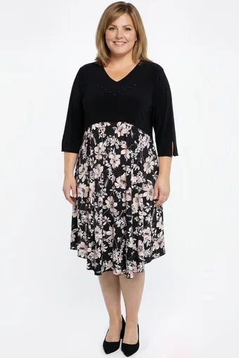 Abito nero con fiori beige