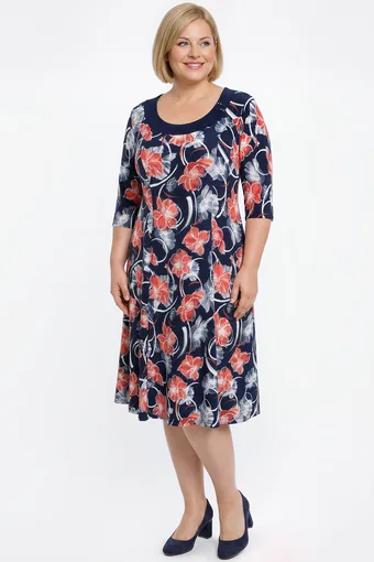 Abito blu navy con fiori rossi e grigi