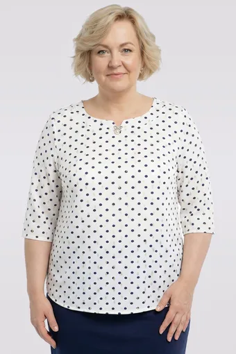 Camicetta bianca con pois e decorazioni blu navy e oro
