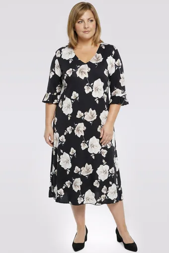 Abito nero con fiori beige