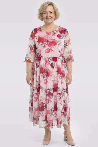 Abito in rete con fiori rossi e rosa