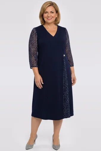 Abito blu navy con maniche in chiffon e pois bianchi