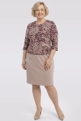 Abito beige con fiocco e fantasie bordeaux e bianche