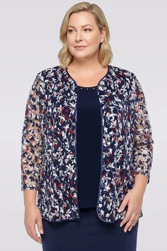 Camicetta e cardigan blu navy con fiori rossi e bianchi