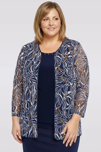 Blusa e cardigan blu navy con motivi caramello e bianchi
