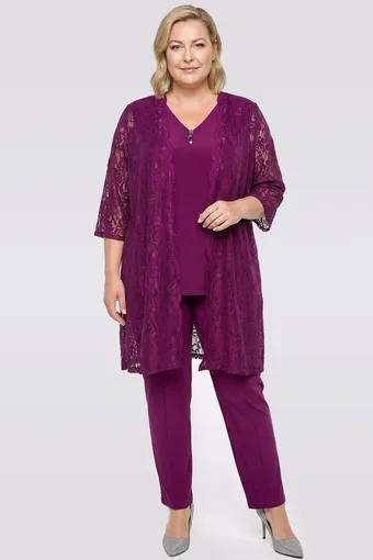coordinato viola con cardigan di pizzo