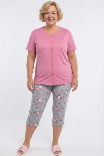pigiama rosa con bottoni e pantaloni grigi a fiori
