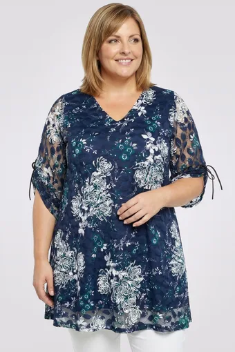 Tunica in pizzo blu navy con motivo bianco e verde