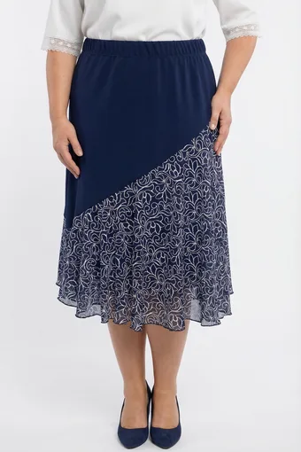 Gonna in chiffon blu navy con inserto a fantasia bianca