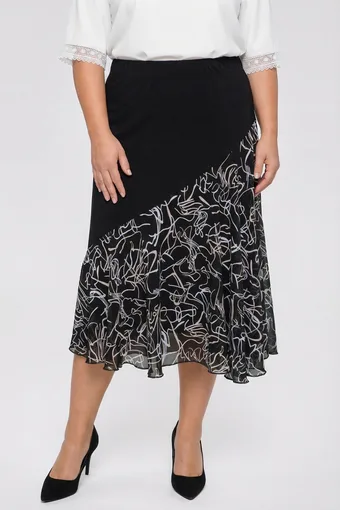 Gonna in chiffon nero con inserto a fantasia bianca e beige.