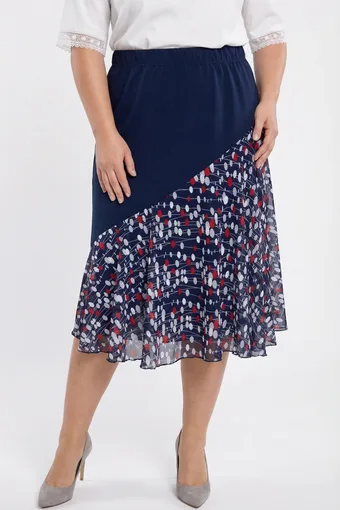 Gonna in chiffon blu navy con inserto a fantasia rossa e bianca