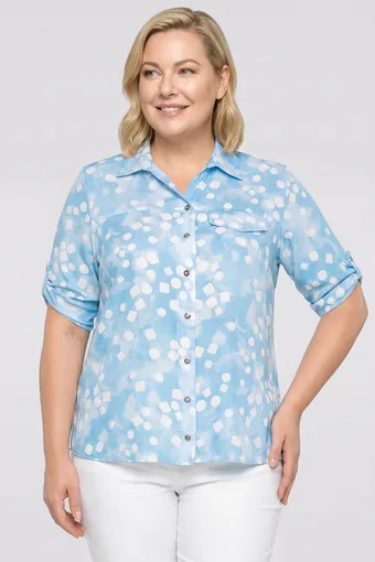 camicia blu con motivo bianco