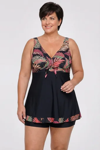 costume da bagno nero con motivi tropicali rosa