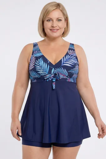 costume da bagno blu navy con motivi tropicali arancioni
