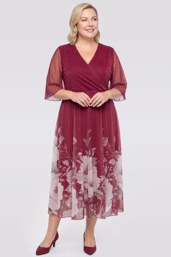 Abito bordeaux con gonna a fiori vivaci