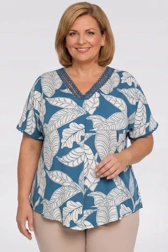Camicetta blu con foglie beige