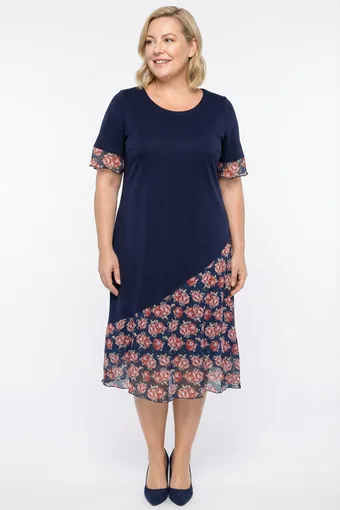 Abito blu navy con gonna a fiori rosa