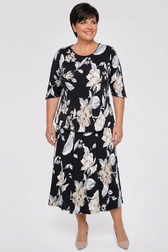 coordinato nero con fiori beige e grigi
