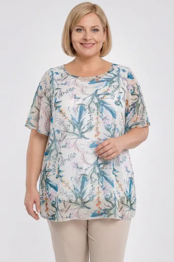 Tunica in chiffon con fiori verdi e grigi