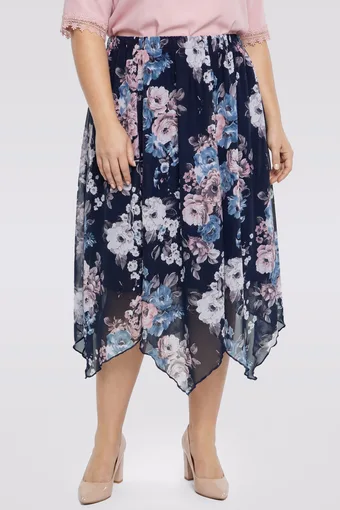 Gonna in chiffon blu navy con fiori rosa e blu