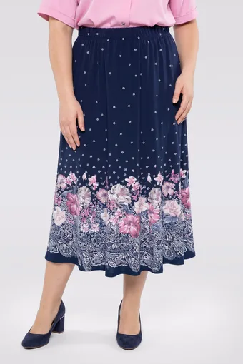 Gonna blu navy con orlo a fiori rosa