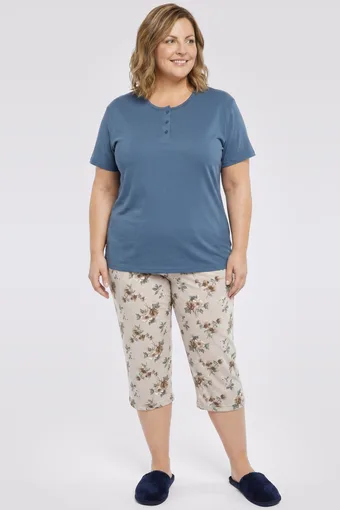 pigiama blu con pantaloni beige a fiori