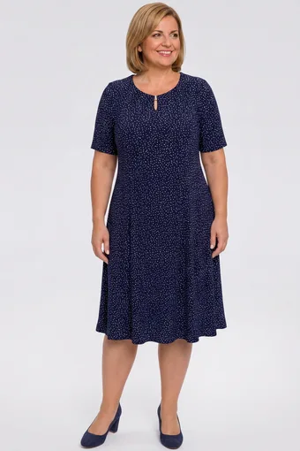 Abito blu navy con pois bianchi e decorazioni