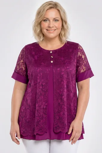 Camicetta viola con cardigan di pizzo e bottoni dorati