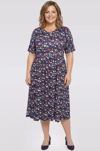 Abito blu navy con fiori colorati