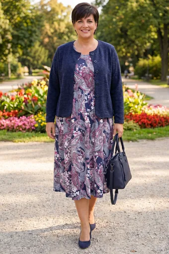Abito blu navy con motivi fucsia e bianchi