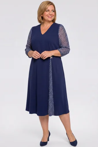 Abito blu navy con maniche in chiffon e piccoli pois