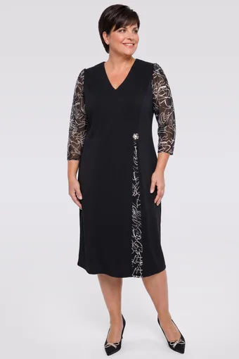 Abito nero con maniche in chiffon e motivi beige e bianchi