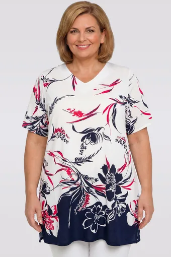 Tunica bianca con fantasia blu navy e rosa