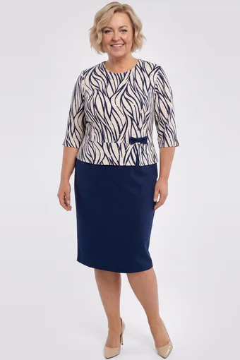 Abito blu navy con fiocco in fantasie beige e blu navy