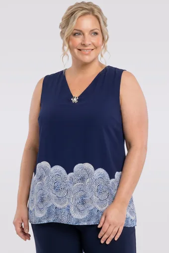 Top in chiffon blu navy con motivi bianchi e blu