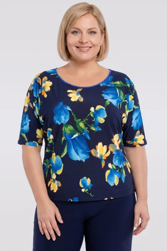 Camicetta blu navy con fiori gialli e blu