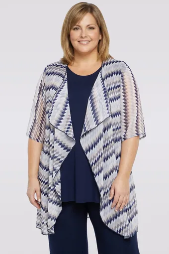 Un Cardigan blu-grigio con motivo geometrico