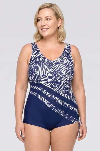 costume da bagno blu navy con motivi bianchi