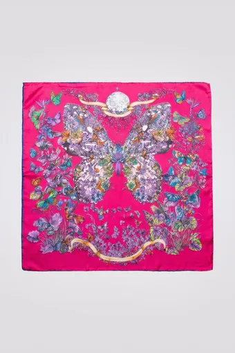foulard di seta fucsia con motivo a farfalle e fiori