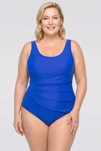 costume da bagno blu fiordaliso con arricciature